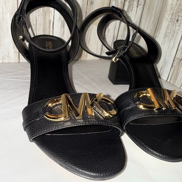 Michael Kors Reed Sandal Black Leather Gold MK Logo Block Heel Size 7.5M | New W - Picture 12 of 15